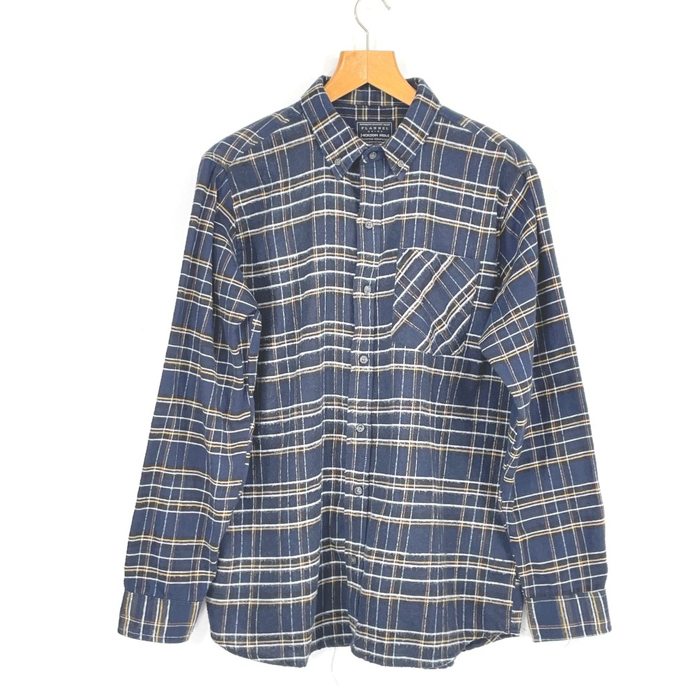 Jackson Hole Mens Flannel Shirt L Button Down Blue Plaid‎ Outdoors Long Sleeve
